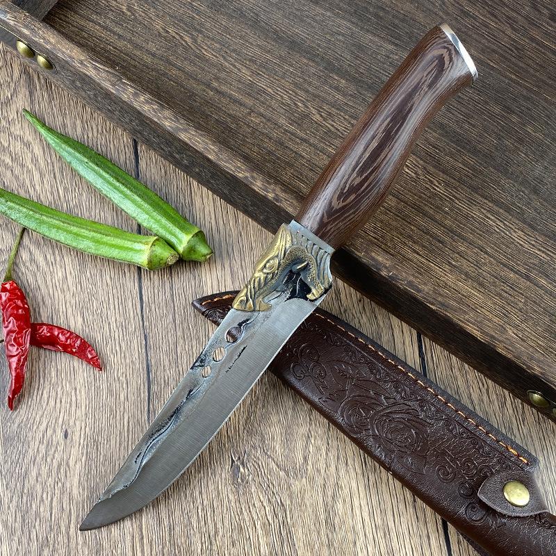 Forged Outdoor Stainless Steel Camping and Steak Knife with Leather Sheath