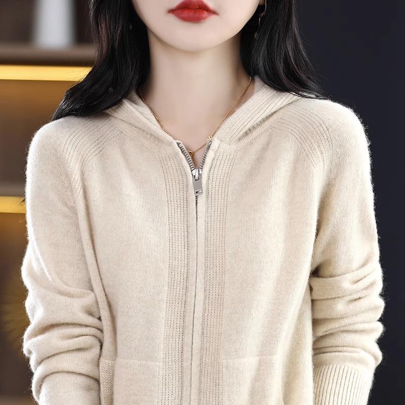 Women's Hooded Zipper Knit Cardigan - Long Sleeve, Versatile, Loose Fit, New for Spring & Autumn 2024 Fashion