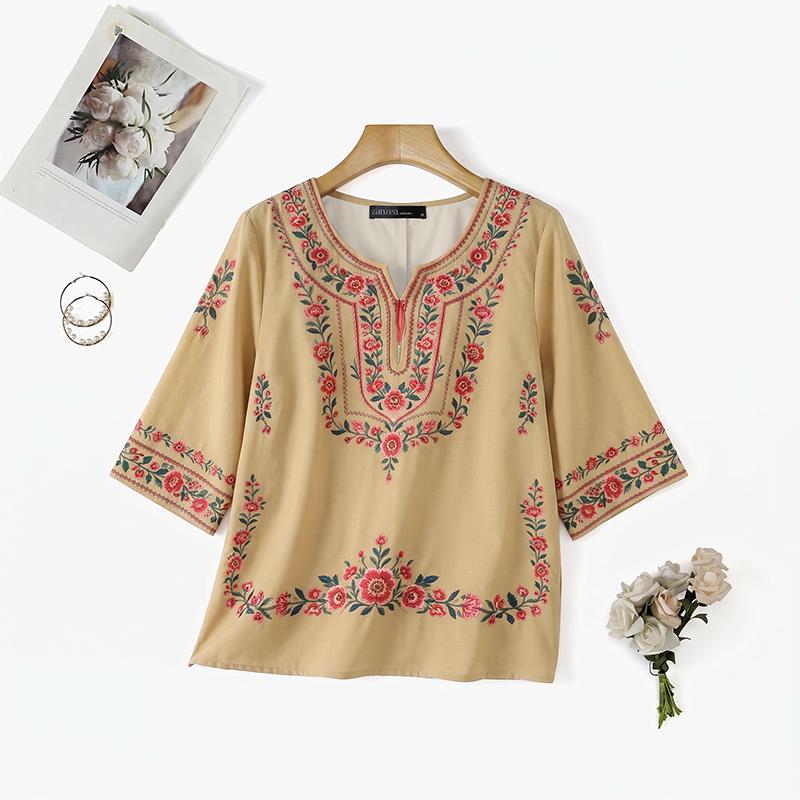 ZANZEA Women Casual Round Neck Ethnic Print Loose Half Sleeve Blouse