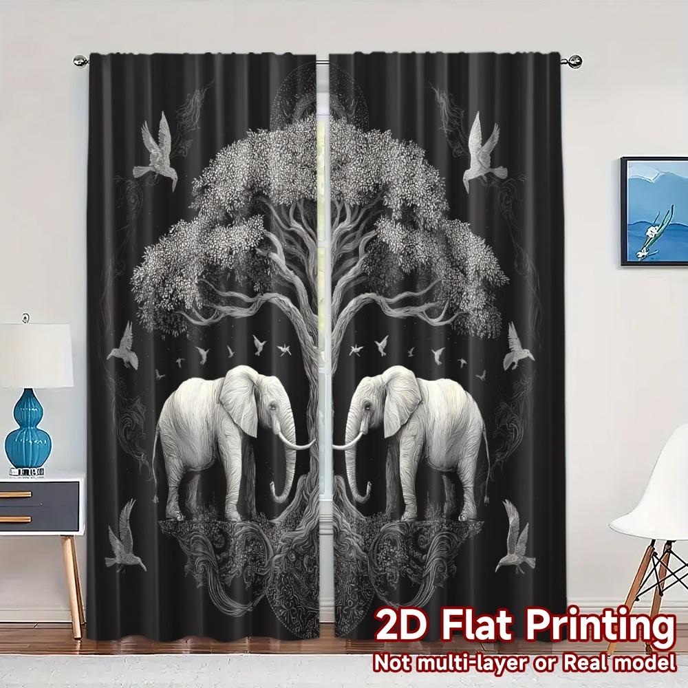 

Sheer Flat Printing Curtains Without Rod Elephant Harmony Chic Durable Polyester Fabric Curtain Set Of 2 Made Washable W100*H70(CM)-Grommet top&1PCS