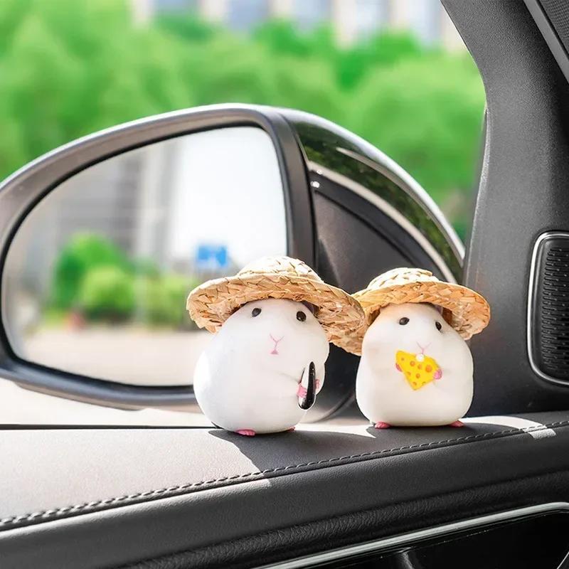 New Cute Eating Straw Hat Hamster Car Accessories Car Toy Center Console Decoration Car Interior Decoration Pendant