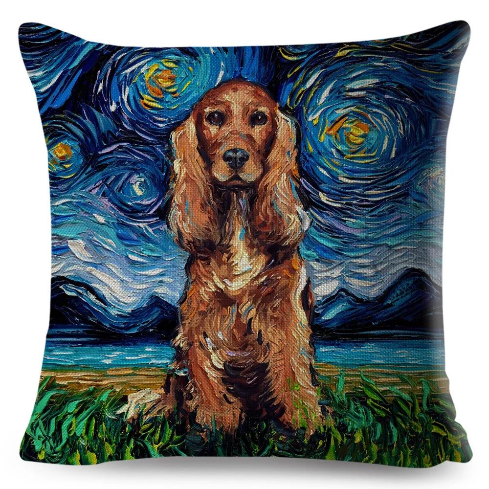 Both Sided Starry Sky Dog Cushion Cover Decor Oil Painting Cartoon Pet Animal Pillow Case for Sofa Home  Linen Pillowcase