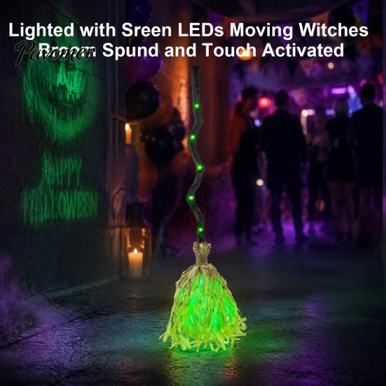 Strašidelná dekorácia na verandu 35-palcová pohyblivá elektrická metla čarodejnice, Interaktívna rozsvietiaca metla Rekvizita Halloweenska párty so zvukovým a pohybovým senzorom, Žiarivo zelená