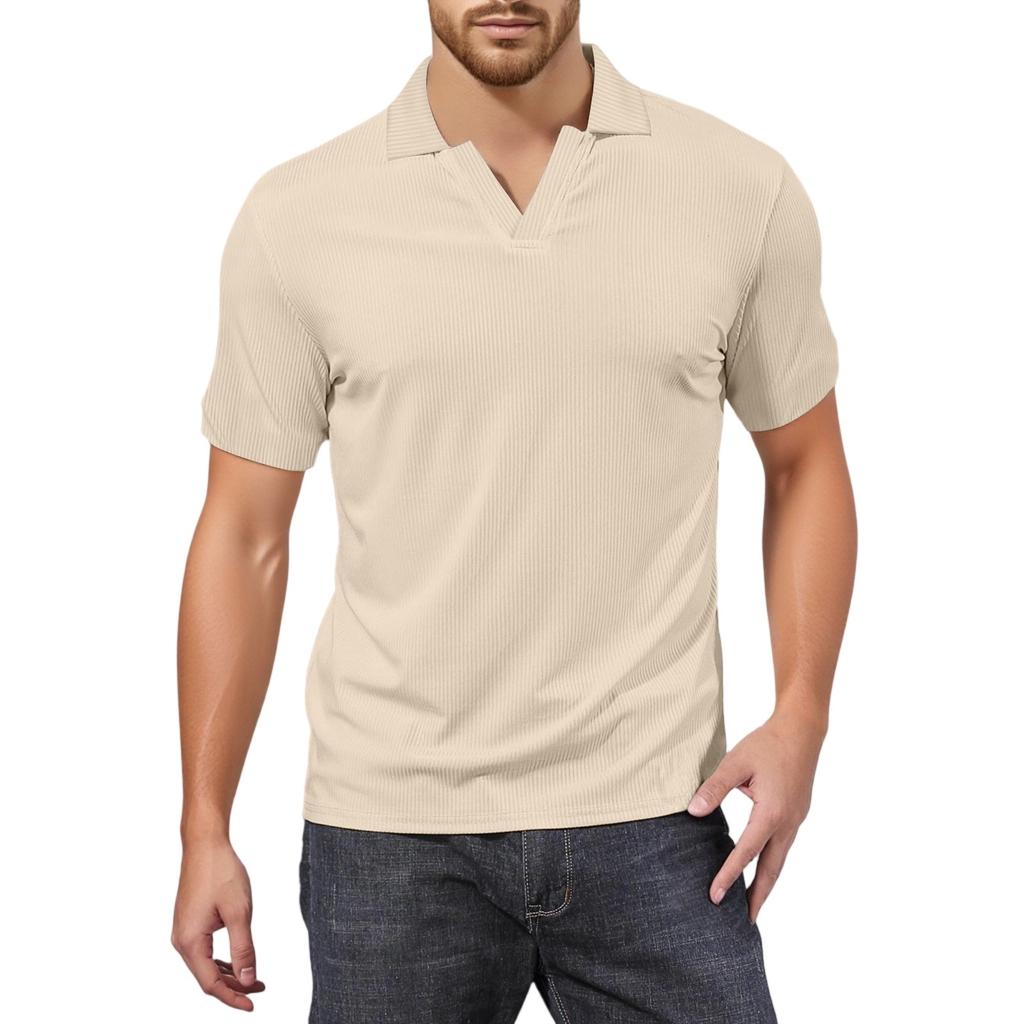 Men's V-neck Short-sleeved Top Textured Collar Golf T-shirt