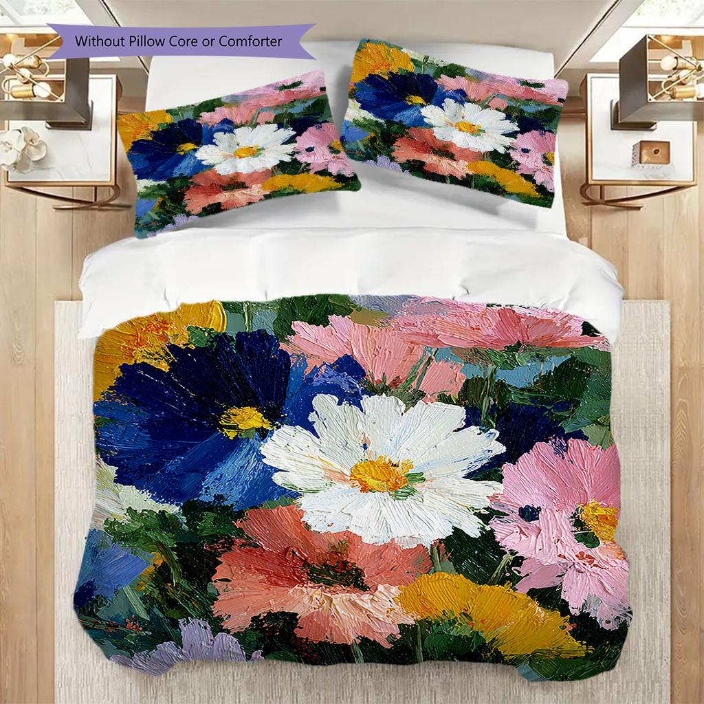 Flower Painting Pattern Bedding Quilt Set Quilt Cover Pillowcase Home Decoration Birthday Gift (1 * duvet cover + 2 * pillowcase, without core)