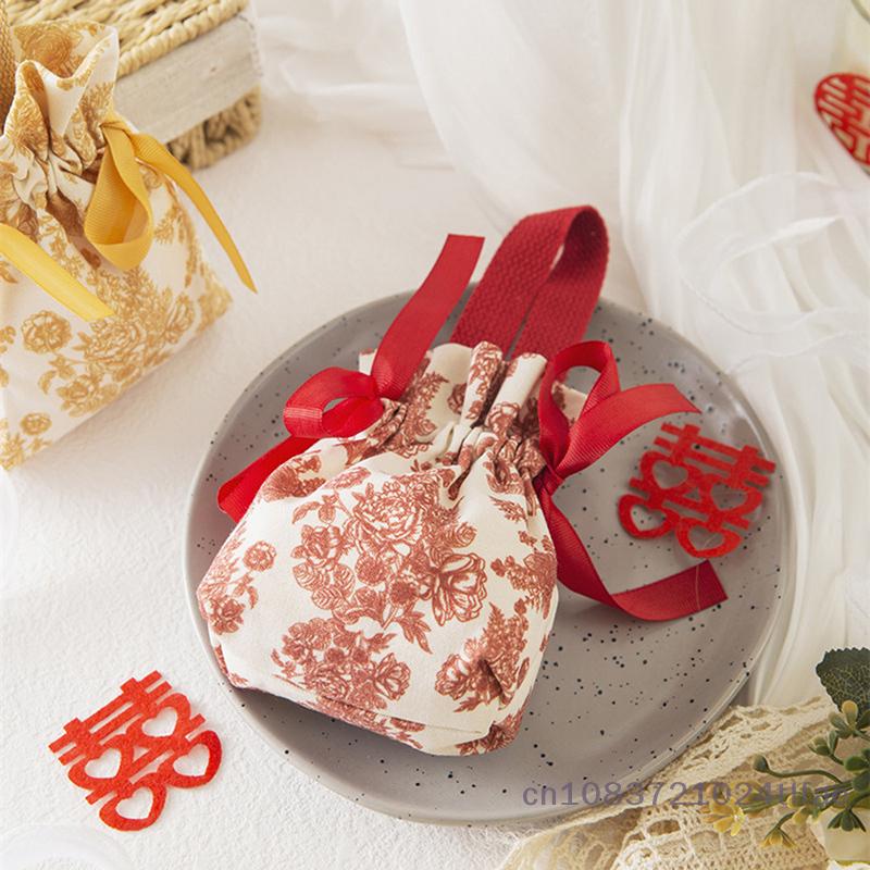 1PC Flower Printed Drawstring Candy Pouch Bag, Handle Bag Gift for Wedding Party