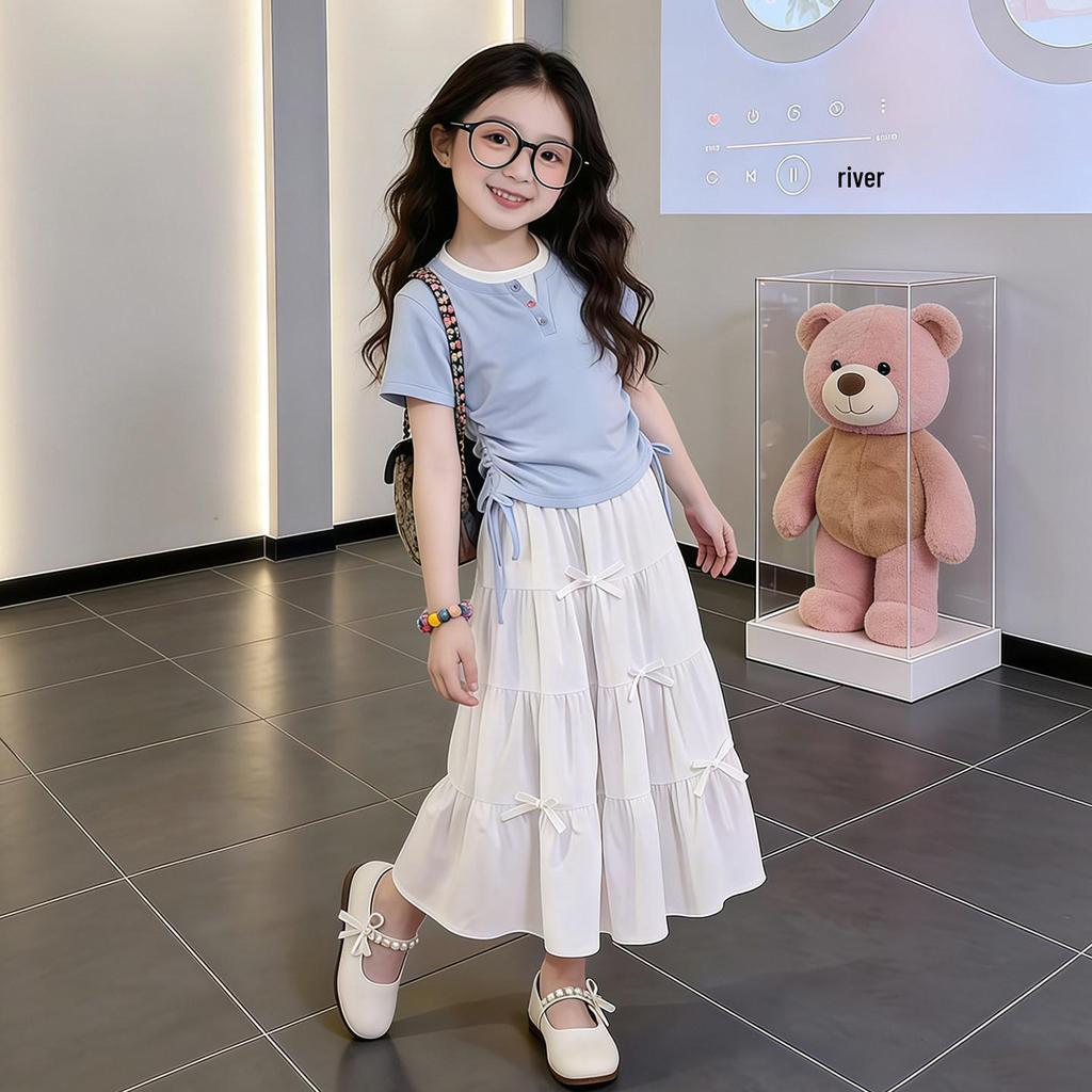 Zweiteiliges Sommerset für Mädchen: Kurzarm-Patchwork-Top & Rock Mode-Outfit