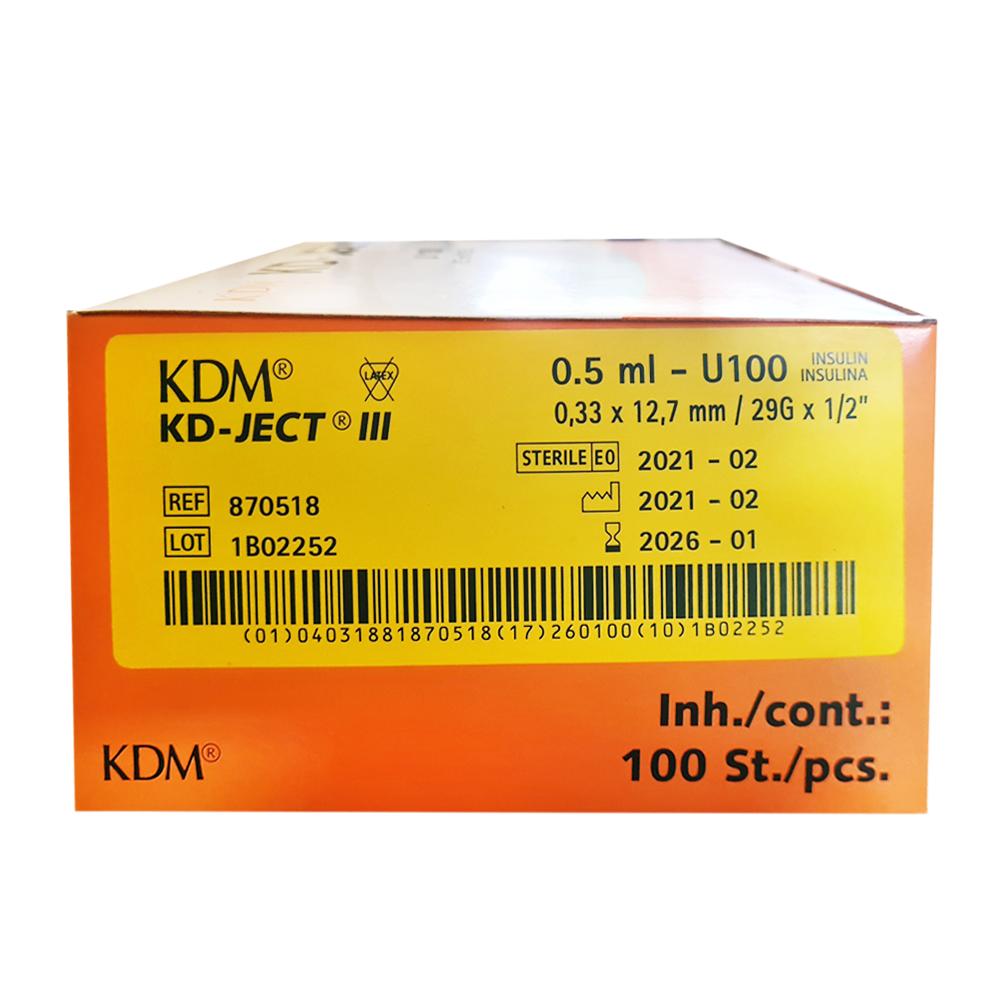 Insulin Syringe With Fused Needle 0.5Ml U-100 G29 (0.33X12.7) Kd-Ject Iii 100 Pcs
