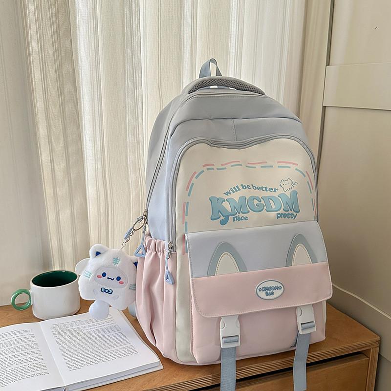 Cute Ears Cat Design Letter Line Pattern Student Backpack With Plush Pendant
