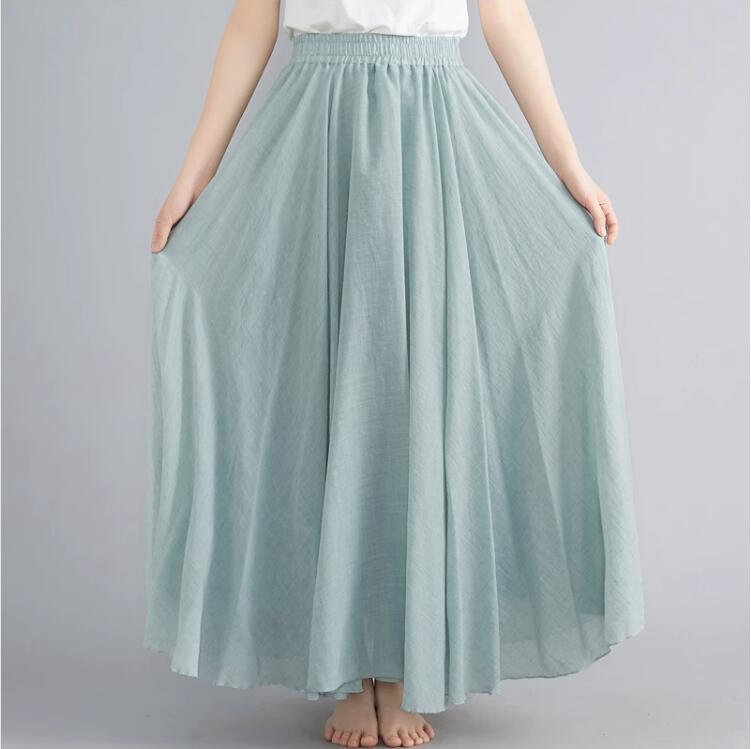 Literary Elastic Waist A-line Expansion Skirt Solid Color Ethnic Style Women Long Skirts