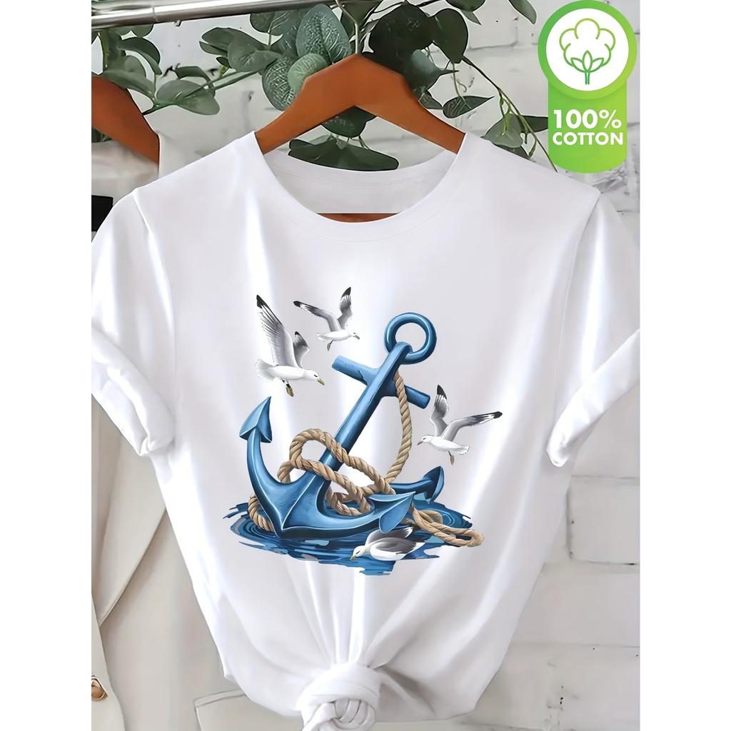 Women Casual Short Sleeve T-Shirt - Nautical Anchor & Seagulls Graphic Print, Breathable Round Neck Tee, Black with Blue Maritime Design