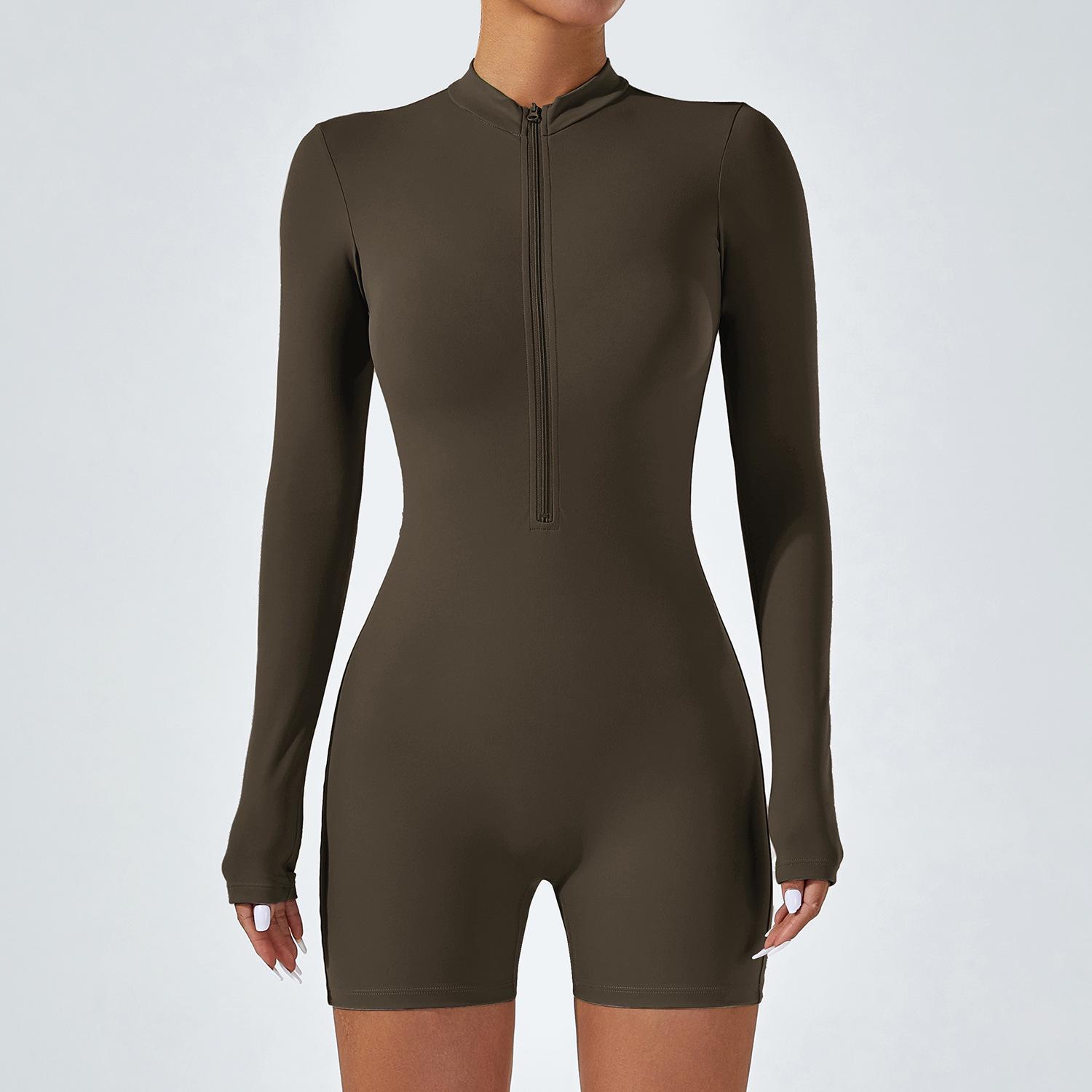 

Женский стильный комбинезон с открытым воротником, на молнии, с длинными рукавами и шортами - для танцев, фитнеса, йоги, сексуальной и облегающей посадки. S