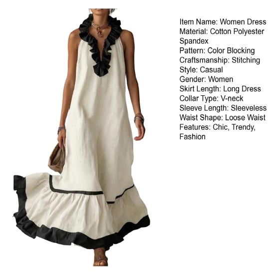Women's Summer Halter Maxi Dress Ruffle Trim Sleeveless Flowy Long Dress Casual Beach Vacation Sundress