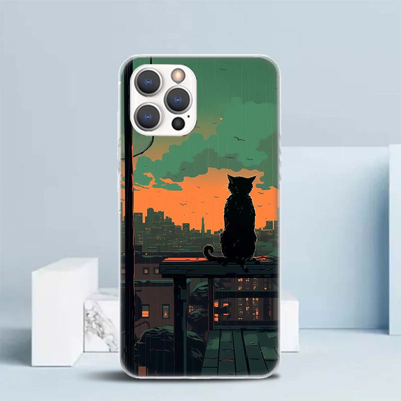 Anime Cat Rain Animal Soft Cover for iPhone 16 17 Air 15 14 Pro Max 16E Phone Case 13 Mini 12 11 7 SE 8 Print Pattern Fit Cases