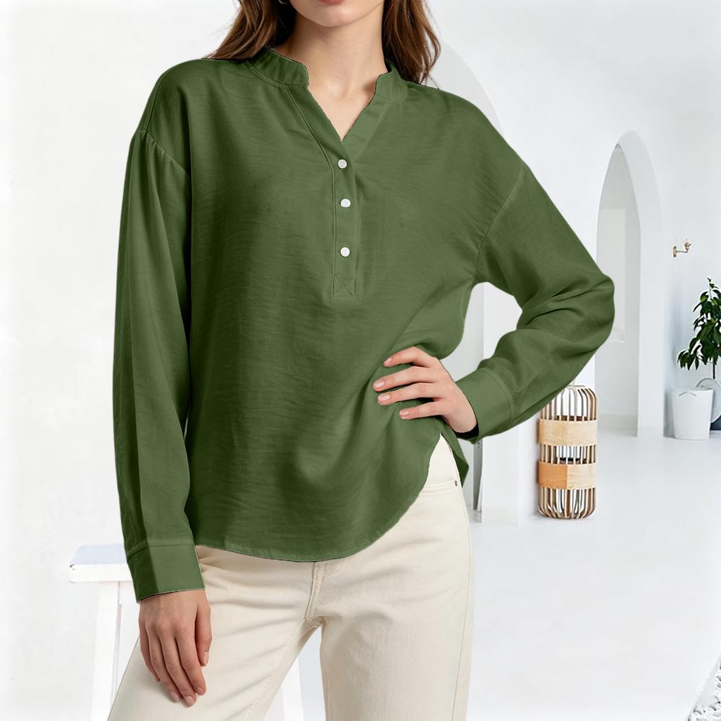 Women's Fashion Casual Loose Pleated Button-Up Long Sleeve  Color Pullover Shirt Top