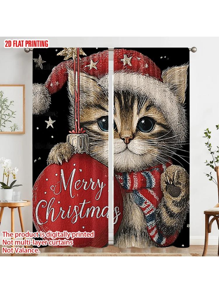 2pcs, plane printing Curtains&Window Treatment Santa Hat Red Cat_ Lantern & Snowflakes Versatile Polyester Fabric (without