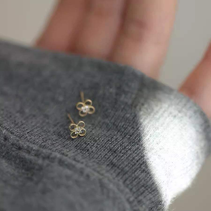

925 Sterling Silver Plated 14K Gold Zircon Flower Stud Earrings For Women Mini Exquisite Korean Jewelry Gold
