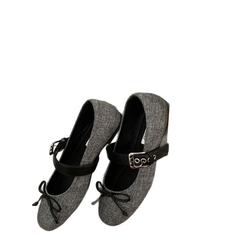 Internet Celebrity Square Head Women's Shoes Autumn New Flat Bow Single Shoes Ballet Silver Belt Buckle Mary Jane Shoes