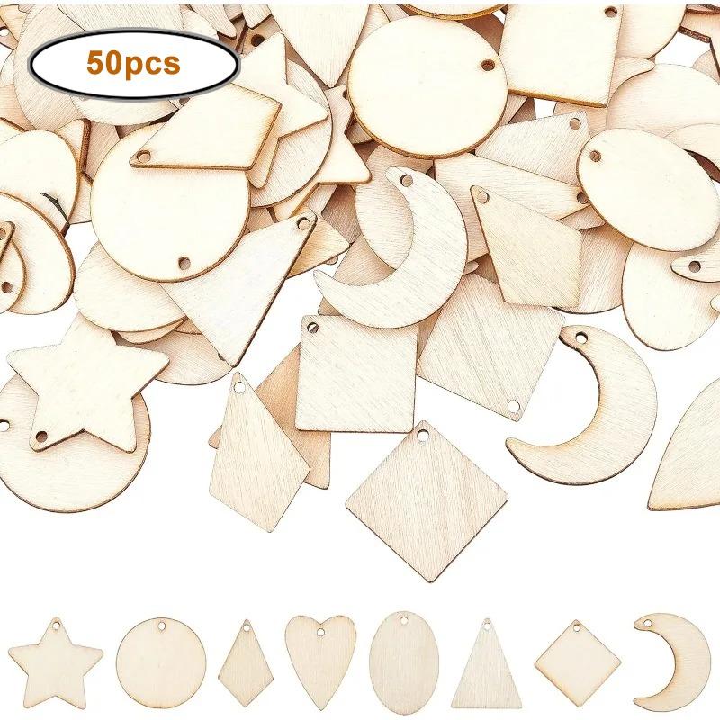 

50pcs/lot Wood Pendants Small Natural Star Moon Shapes for Earring Necklace Jewelry DIY Craft Making Tree Ornaments Home Decor