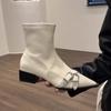 Thick Heel Pointed Temperament Thin French Small Short Boots Women's Shoes 2024 New Spring and Autumn Single Boots Black Martin Boots