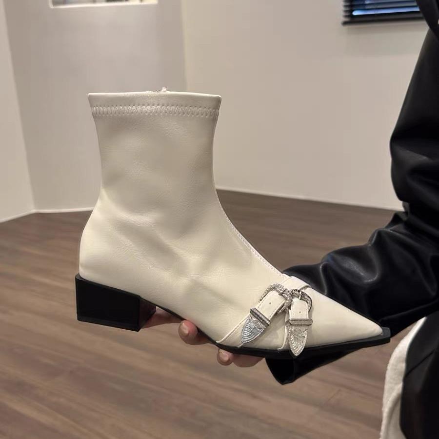 Thick Heel Pointed Temperament Thin French Small Short Boots Women's Shoes 2024 New Spring and Autumn Single Boots Black Martin Boots