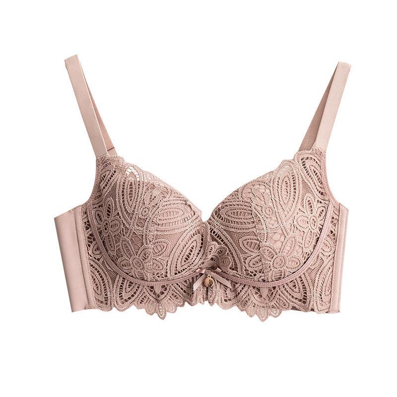 Silk bra without steel ring lace sexy gathering breast adjustment thin beautiful back mulberry silk underwear M розовый
