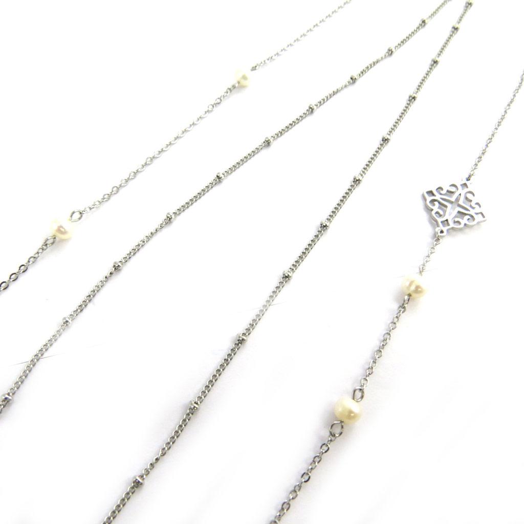 Les Trésors De Lily [M8831] - Collier sautoir acier 'Carmen' ivoire argenté - 90 cm (2 rangs)