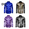 Men Shirt Club Dance Shirt Shiny Sequin Lapel Single Breasted Slim Fit Colorful Stripe Glossy Long Sleeve Performance Men Top
