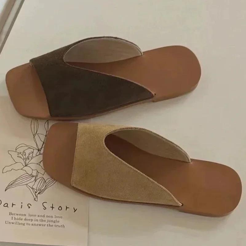 Fashion High Quality Faux Suede Square Toe Designer Brand Sandals Women Summer Sexy Open Toe Flat Sandal Comfortable Vacation Beach Shoe