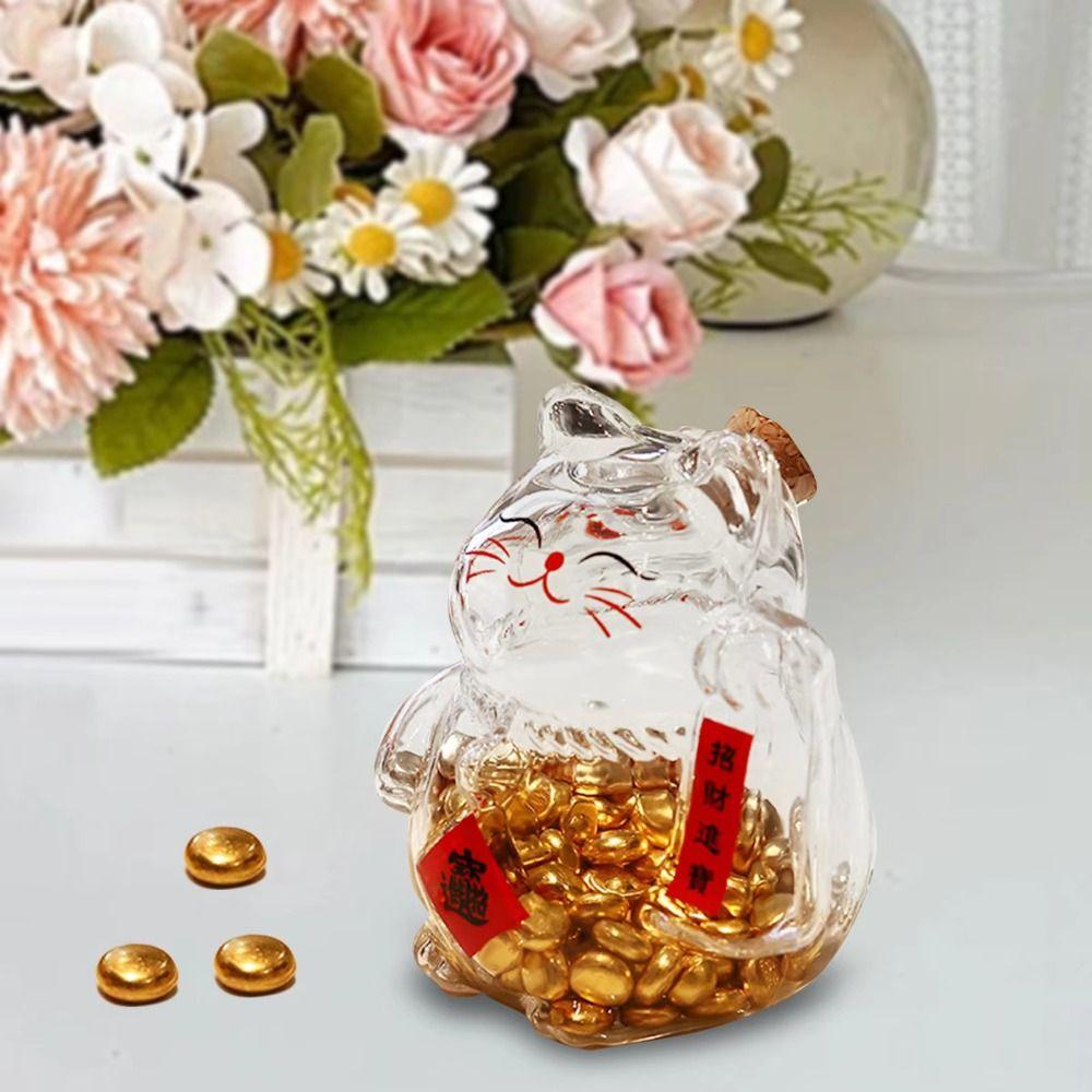 Neuer Glückskatzen-Sparschwein Klarer Glas-Geldtopf Cartoon Mini Goldene Bohne Aufbewahrungsflasche für Wohnzimmer Büro Dekoration