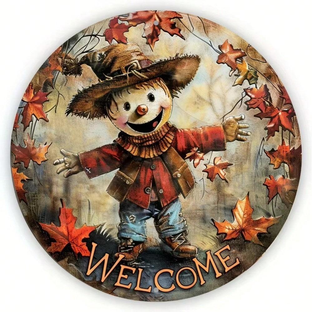 Metal Wall Art 8 Inch Round Scarecrow Welcome Sign Fantasy Decor For Garden Living Room Indoor Outdoor