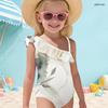 Girls One Shoulder Ruffle One Piece Marble Printed Swimsuit