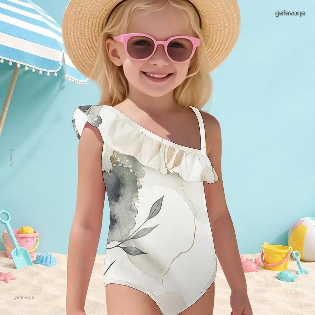 Girls One Shoulder Ruffle One Piece Marble Printed Swimsuit