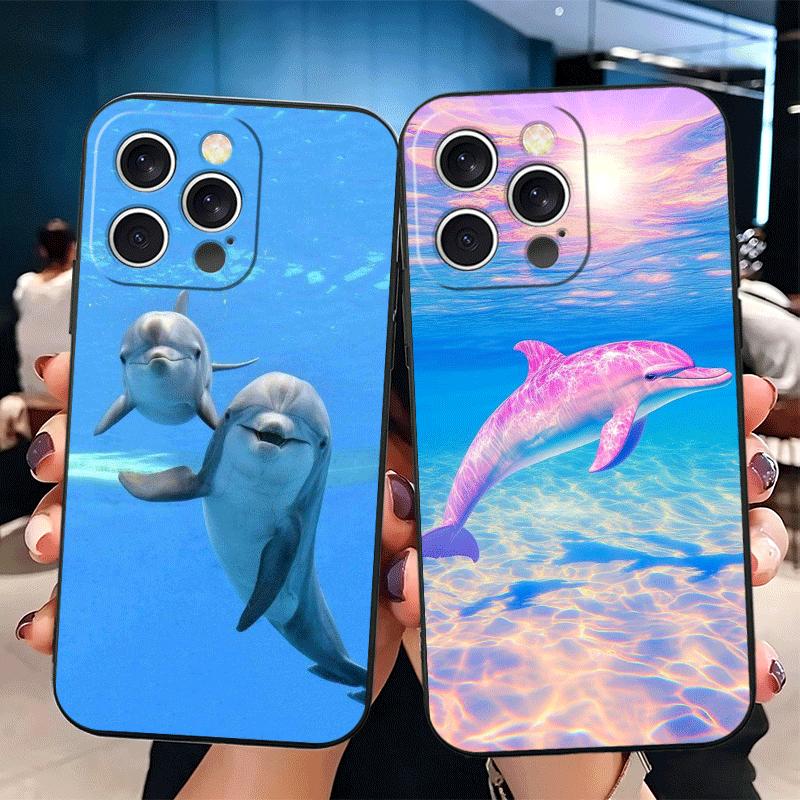 Ocean Cute Dolphin Soft Phone Case for iPhone 16 16E 17 Air 15 Pro Max 14 Plus 13 Mini 11 12 7 Black Cover Back Shell