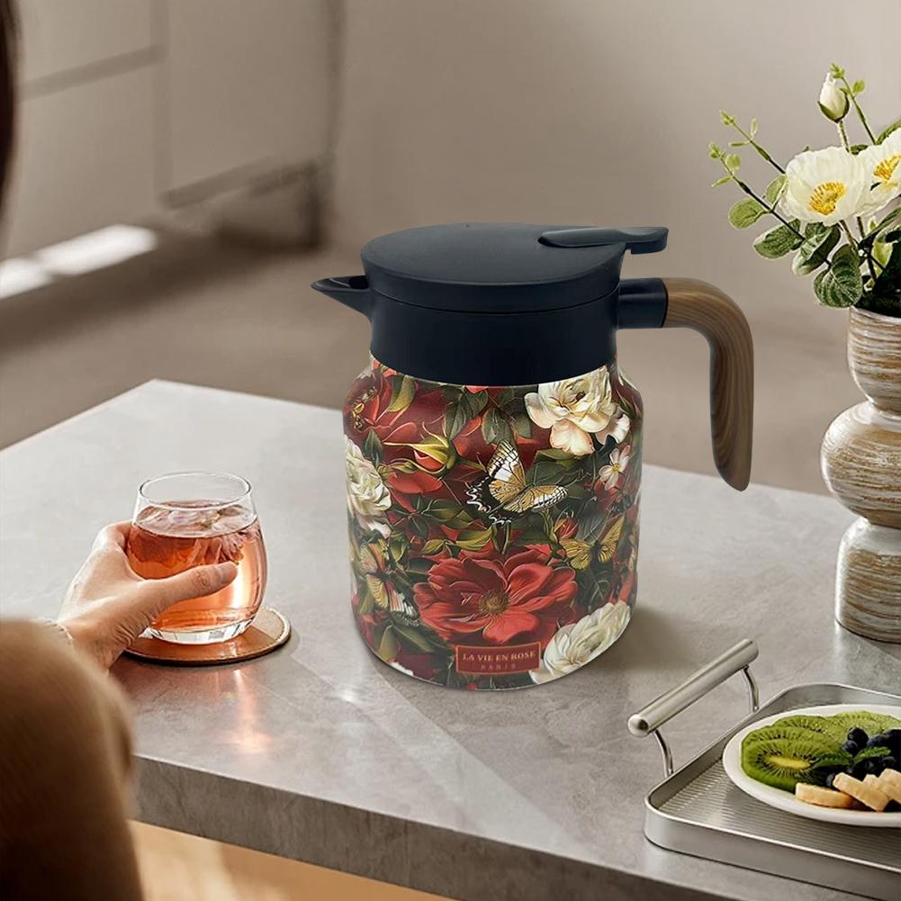 1000ml Floral Pattern Teapot Stainless Steel Vintage Floral Tea Kettle Built-in Infuser Mini Hot Coffee Pot for Hot Drinks