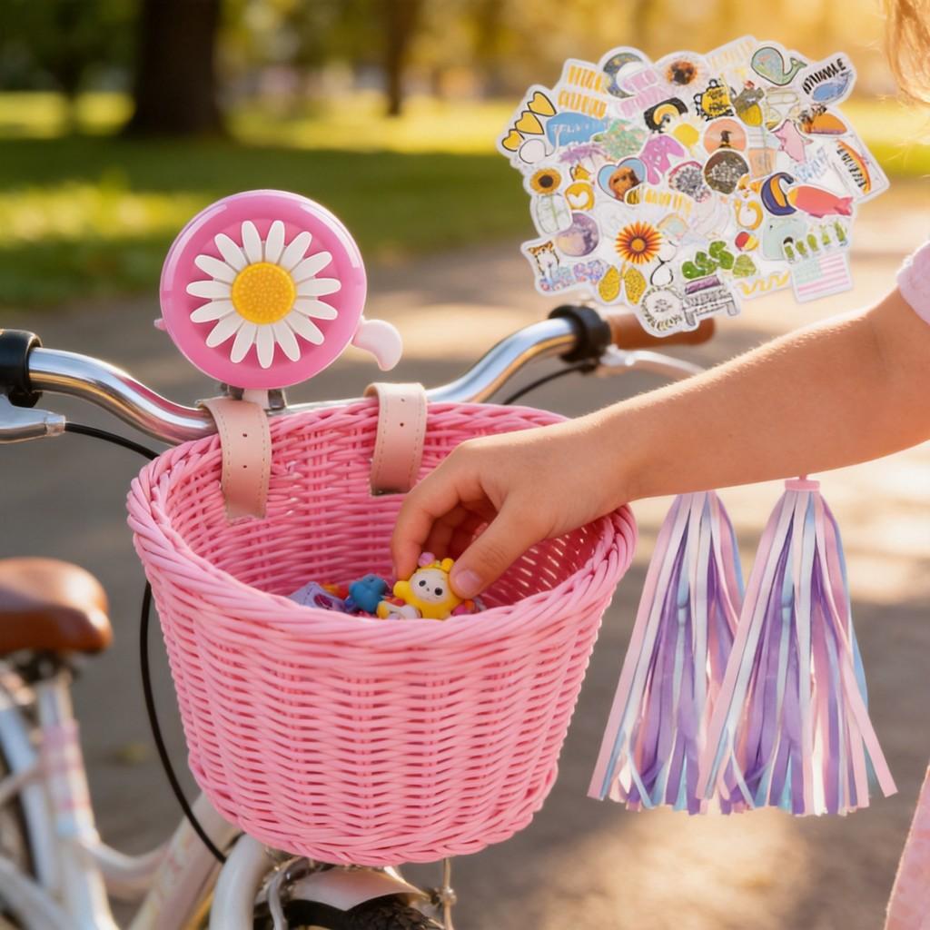Cesto per Bicicletta per Bambini con Design Intrecciato Vintage e Campanello per le Avventure in Bicicletta dei Bambini
