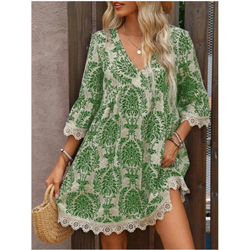 VEZFAA Women's Fashion Summer Spring 1/2 Sleeves V-Neck Loose Waistlinet Casual Dresses