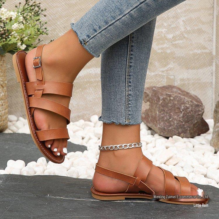 Plus Size Buckle Flat Toe-Baring Sandals for Women