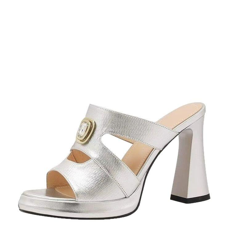 Women's Thick Heel Cool Slippers Women's Summer Outer Wear 2025 Foreign Trade New Waterproof Table High Heel Half Slippers Temperament Is Not Tired