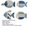 Geometric Pattern Wall Hangings 4PCS Wooden Fish Decoration, Rustic Mediterranean Style Hanging Plaques, Blue White Distressed Seaside Interior