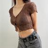 Women Retro Perspective V-neck Hollowed Cardigan T-shirt Tops Fashion Agaric Edge Short  Bare Navel Top