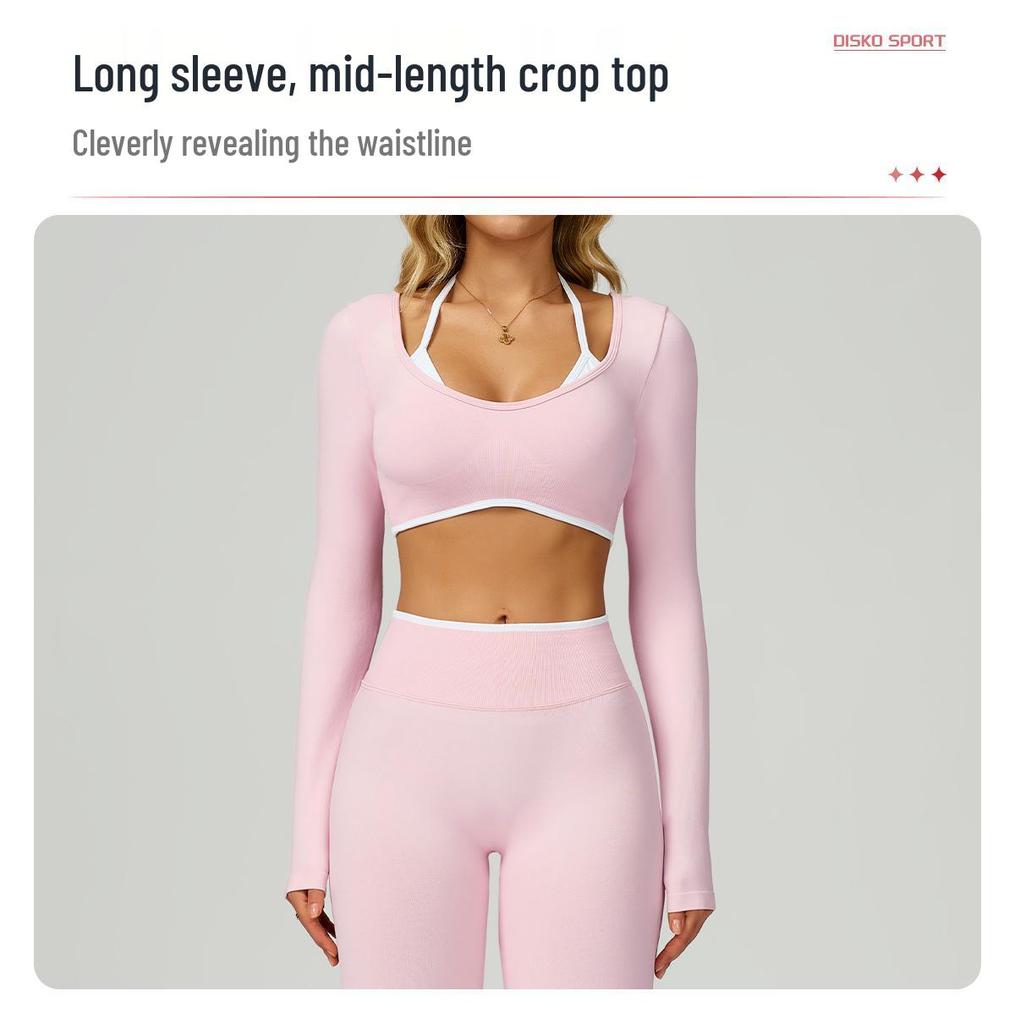 Sömlös Color Block Tvådelad Långärmad Cropped Yoga T-shirt för Löpning & Fitness