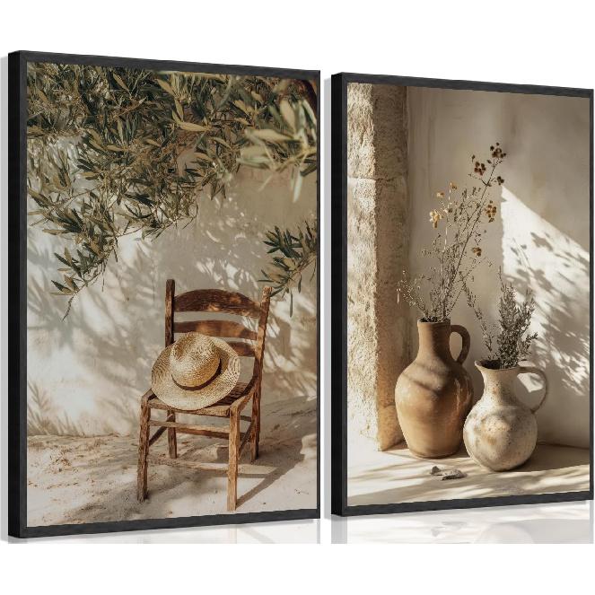 2Pcs Vintage Olive Tree Wall Art Farmhouse Still Life Wall Decor Print Rural Painting Artwork Olive Branch In Ceramic Vase Pictures for Living Room