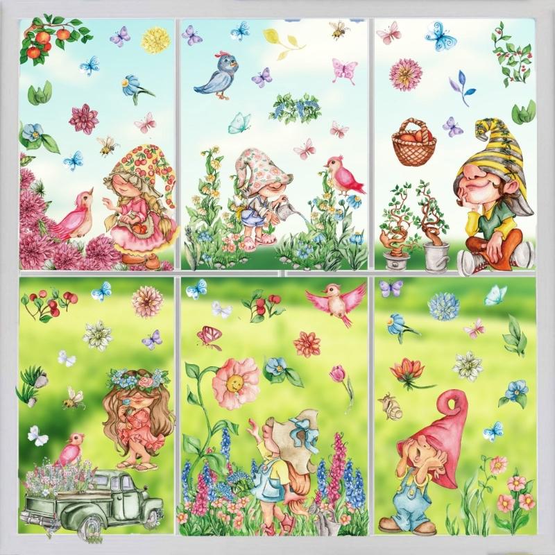 9 Sheets Spring Flower Butterfly Gnomes Window Sticker Reusable PVC Decal Glass Door Clings for Home School Party Decors