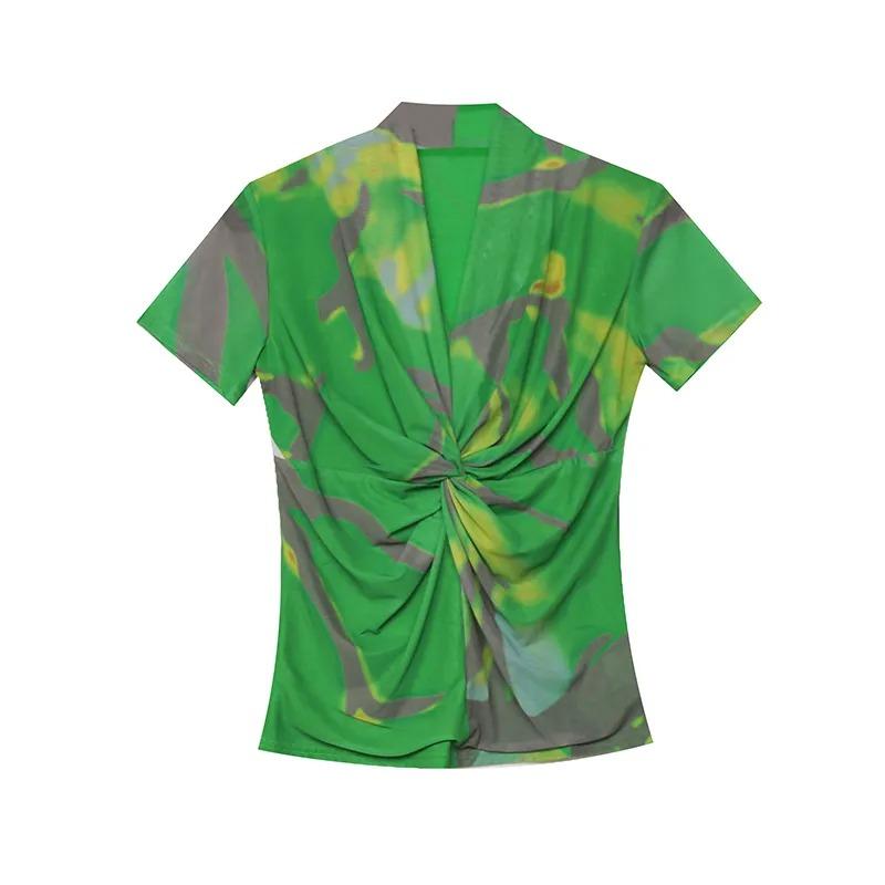 

Women s Green Camouflage Print Mesh Top with Front Twist Knot V-Neck Short Sleeve Blouse S зелёный