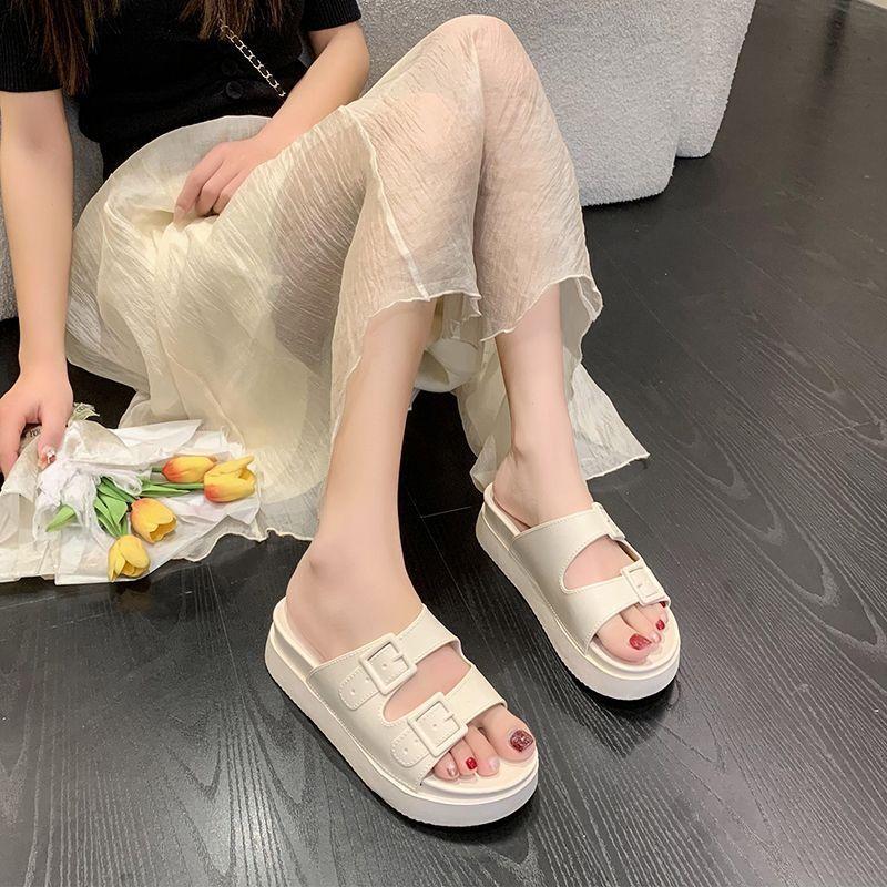 Indoor non-slip one-word drag muffin bottom Internet celebrity slippers 2025 summer Korean version heightening casual beach shoes women's outer wear