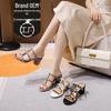 Women's 2024 Spring Chunky Heel Rivet Sandals - Round Toe, Open Toe, Mid Heel, Sexy Cutout Design.