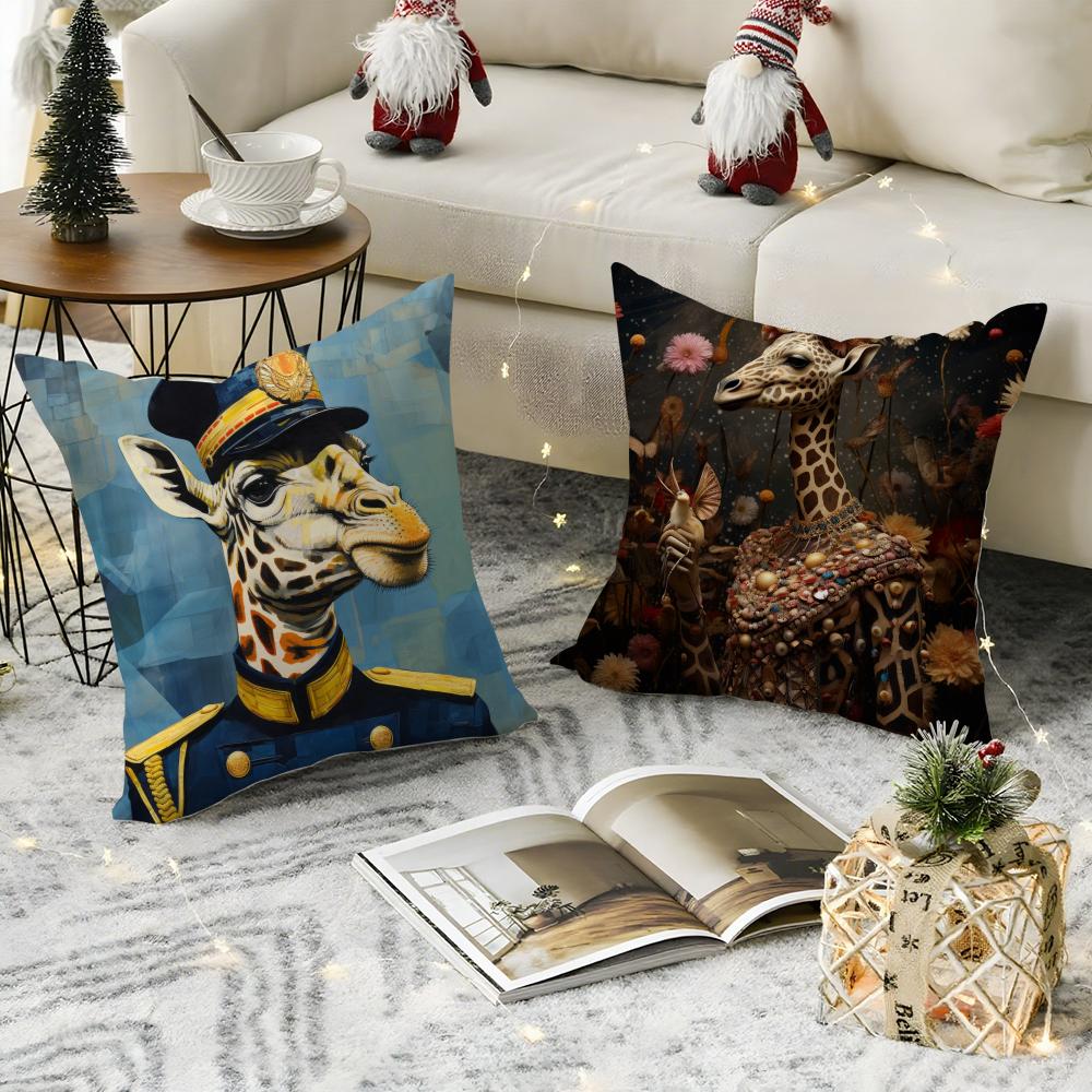 Retro Dressed Up Giraffe Pillow Case Pattern Printed Pillowcase For Living Room Sofa Cushion Cover Bedroom Decor