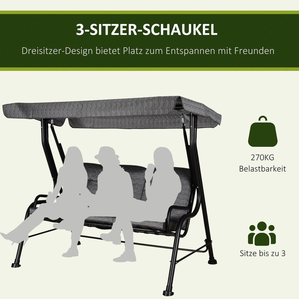 Swing Bench, 3-Seater Garden Swing, Adjustable Canopy, Textilene Gray 200 x 120 x 170 cm