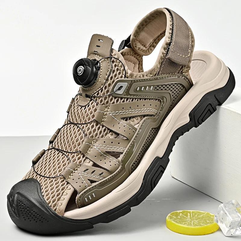 Fashion New Men Outdoor Genuine Leather Sandals High-quality Summer Non-slip Beach Sneakers Fashion Breathable Walking Soft Bottom Shoes
